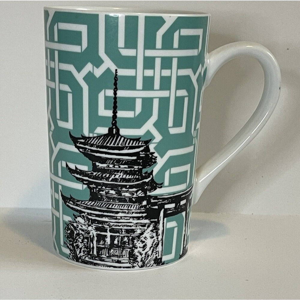 WORLD MARKET CERAMIC COFFEE/TEA MUG CUP TEAL- PAGODA DESIGN TALL